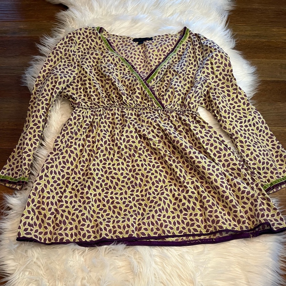 Boden Purple Leaf-Print Wrap Tunic with Green Trim